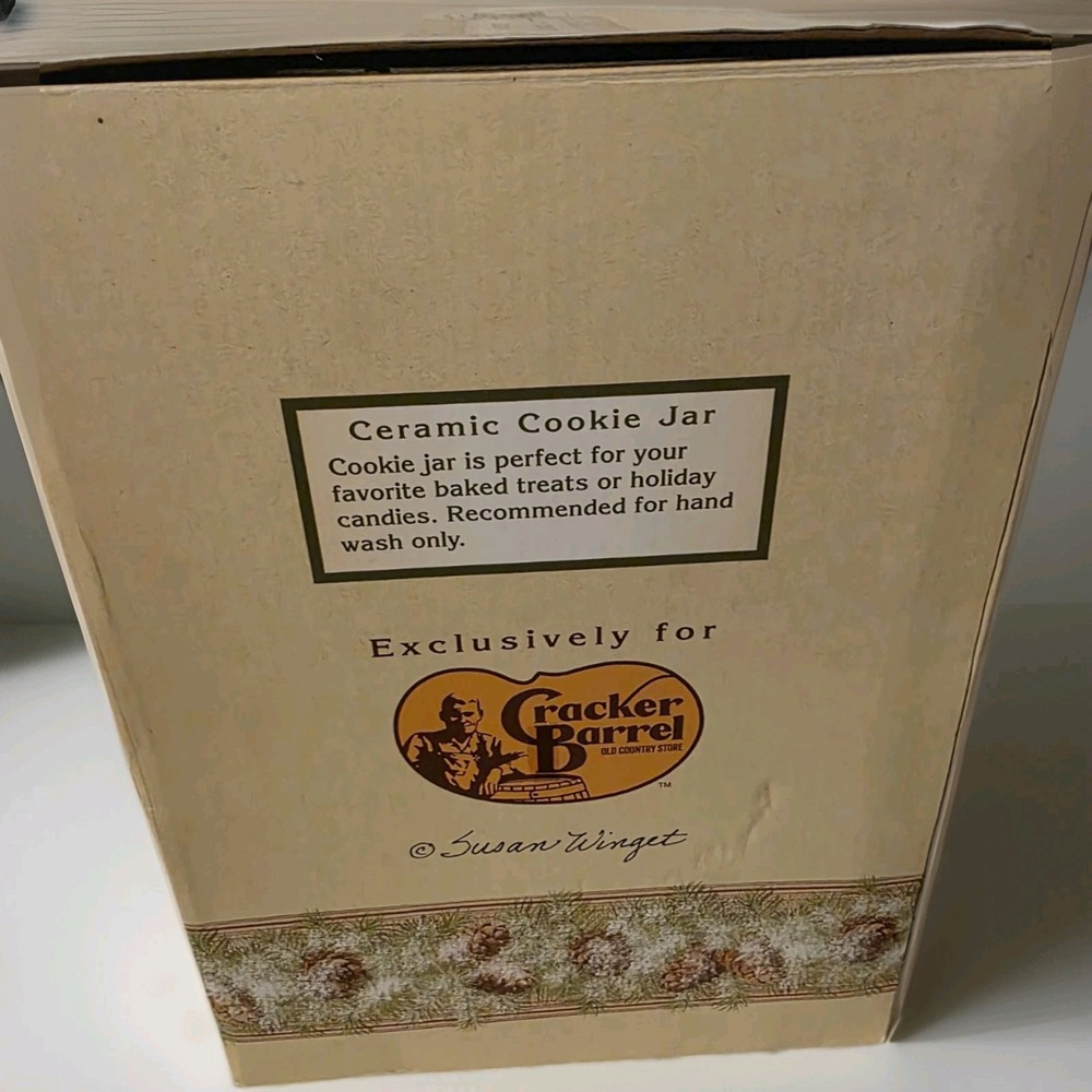 NEW! Cracker Barrel Ceramic Cookie Jar with Deer Lid 🦌 Pinecone Winter Scene. - Picture 3 of 9